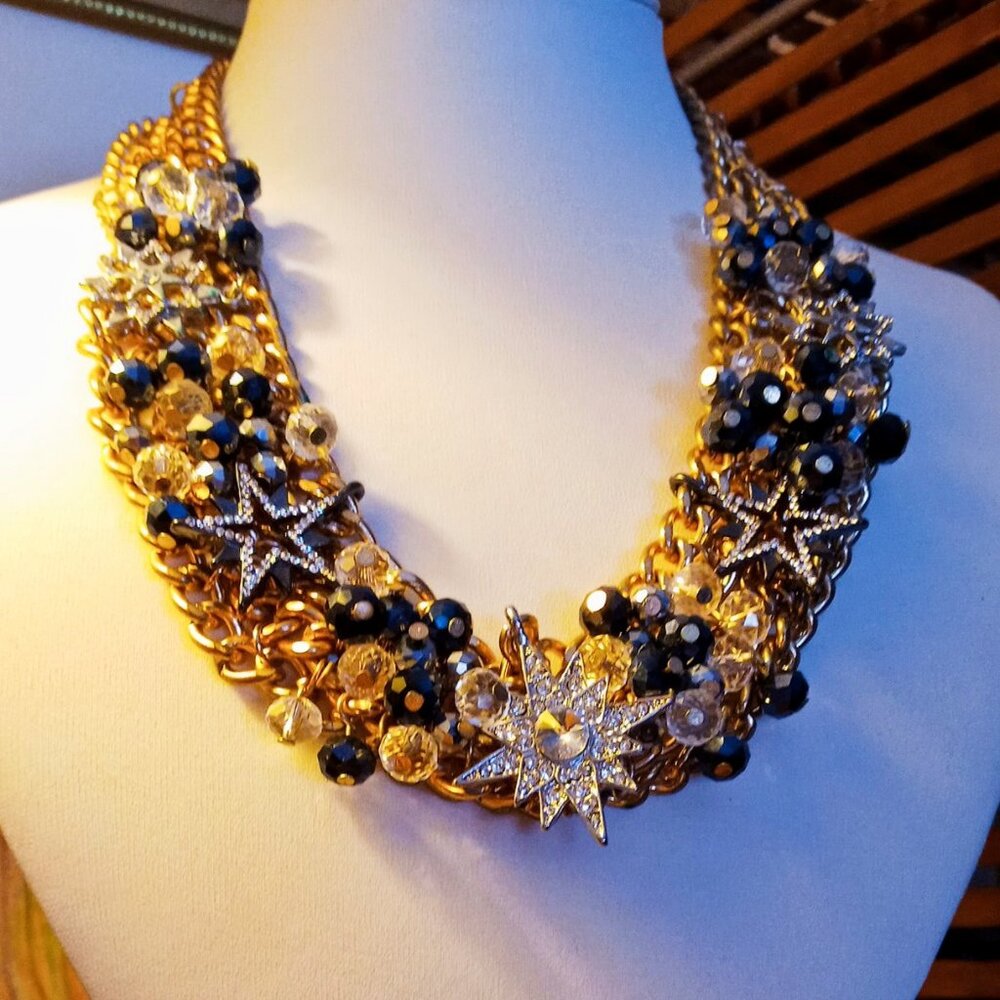 ⭐️HOST PICK! Stunning Starburst Statement Chunky Necklace Black Gold Silver Glam - Picture 9 of 15